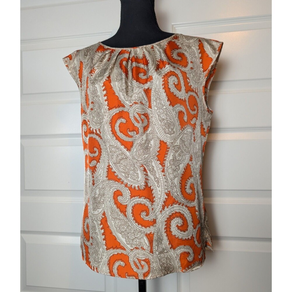 Talbots Size 12 Blouse Button Back Sleeveless  Orange Paisley Print Satin - Picture 2 of 8